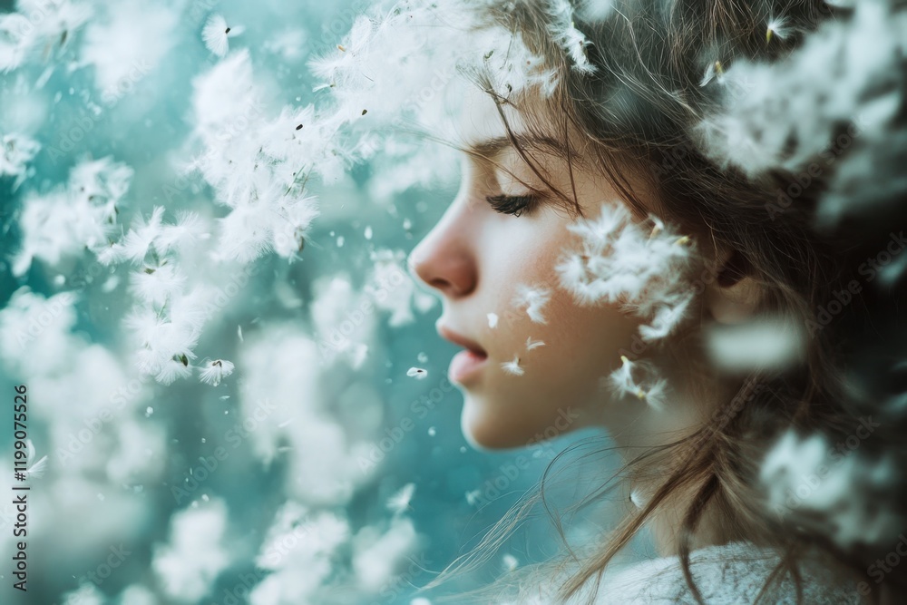 Quiet contemplation of a girl among soft floating feathers in a serene, dreamy environment Quiet contemplation of a girl among soft floating feathers in a serene, dreamy environment
