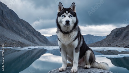 A striking Siberian Husky stands proudly on a rock by a serene lake, surrounded by rugged mountains under a moody sky.