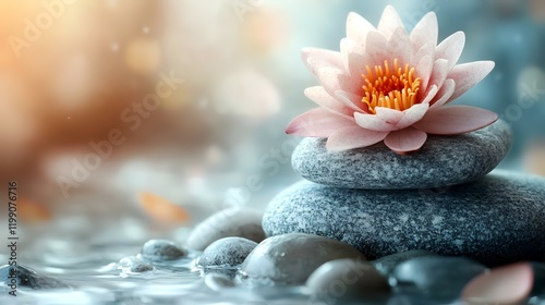 Serene water lily atop zen stones, tranquil background, spa relaxation