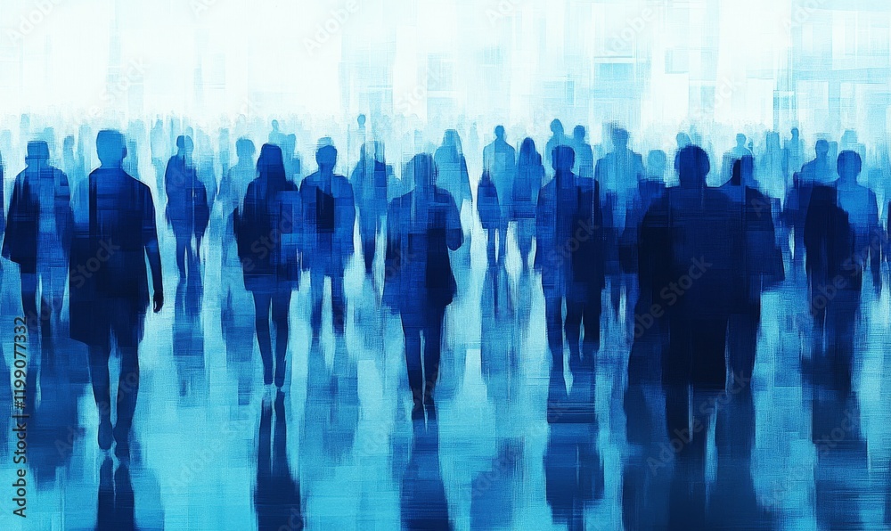 Digital silhouettes of crowd in blue tones create striking visual effect, representing unity and collective presence. abstract representation evokes sense of community and engagement