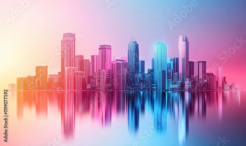 Futuristic Cityscape with Glowing Pink and Blue Buildings