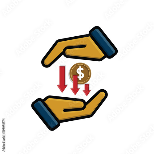 coin icon. money weakens or falls in hand. money management vector, business and finance icon, showing continuous movement. flat color design style