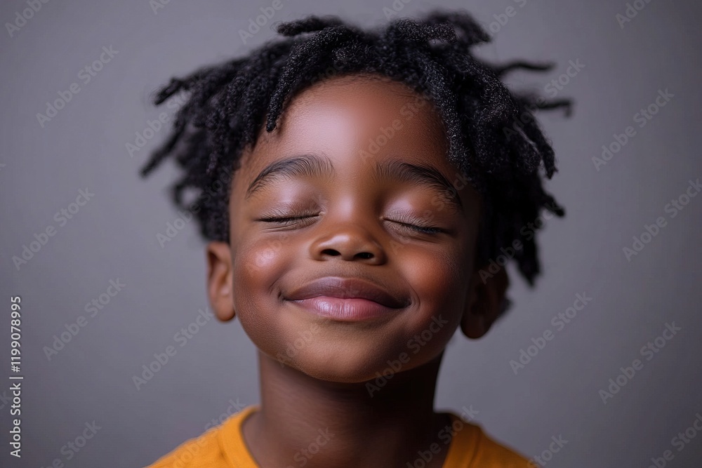 A joyful child with closed eyes, smiling brightly against a neutral background. A joyful child with closed eyes, smiling brightly against a neutral background.