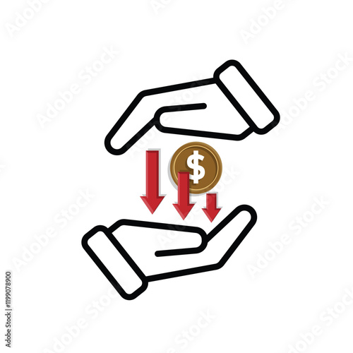 coin icon. money weakens or falls in hand. money management vector, business and finance icon, showing continuous movement. Mixed design style