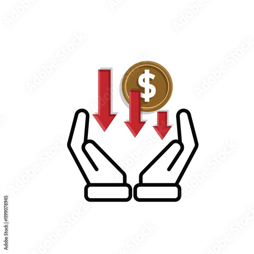 coin icon. money weakens or falls in hand. money management vector, business and finance icon, showing continuous movement. Mixed design style