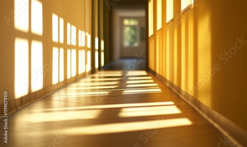 Empty office corridor with light and shadow from sunlight on wall. Modern building hallway interior blurred background