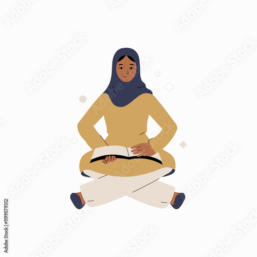 Woman sitting cross legged reading a book in flat vector illustration symbolizing learning, reading, and relaxation, isolated on white background.