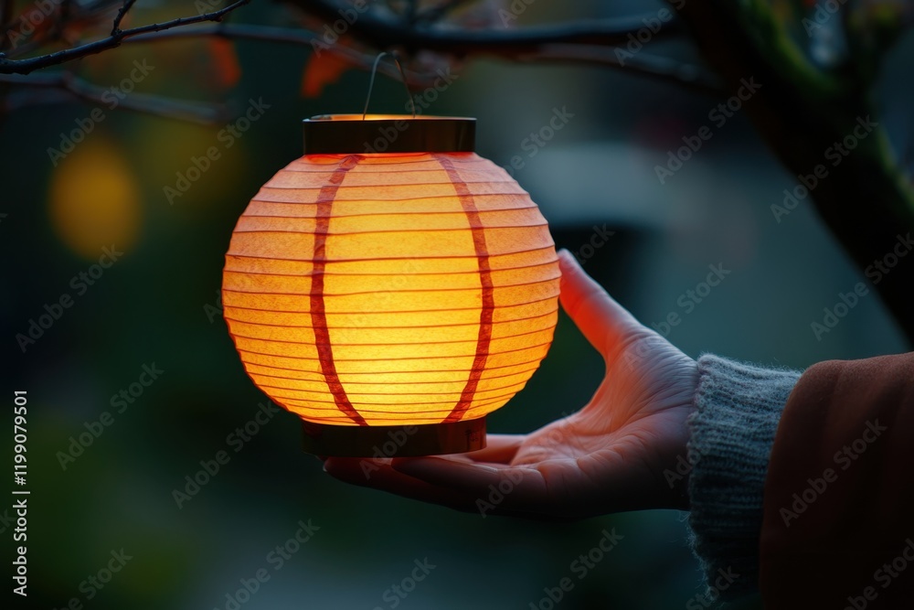 Obraz premium Hand holding glowing lantern at dusk in a serene setting