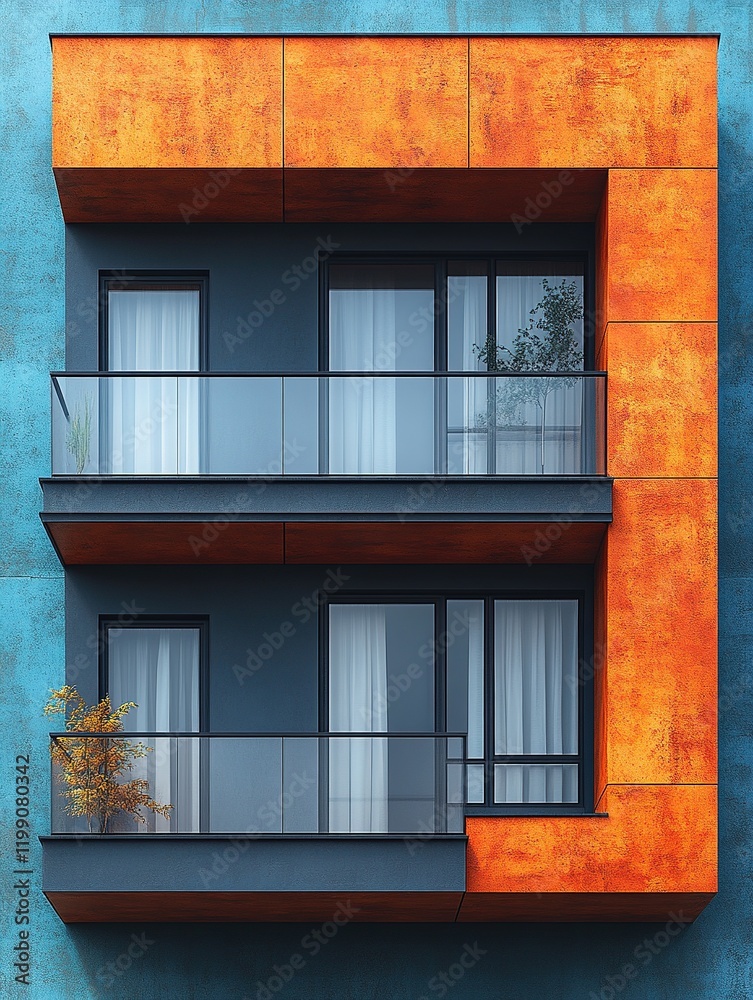 Obraz premium Modern apartment balconies, blue and orange facade, urban setting