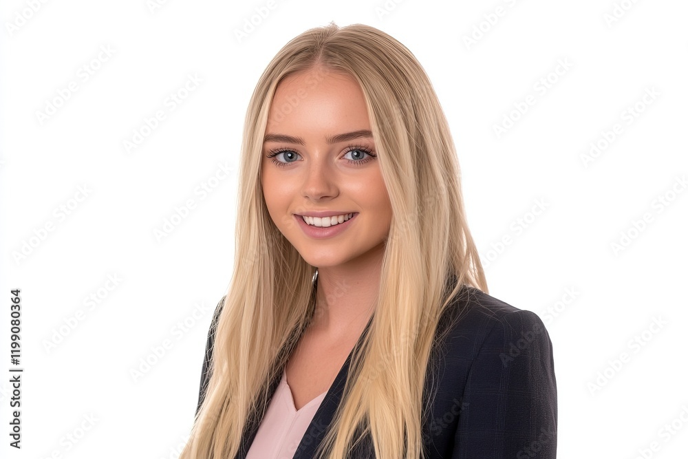 Professional portrait of a smiling woman with long hair in a business suit. Professional portrait of a smiling woman with long hair in a business suit.