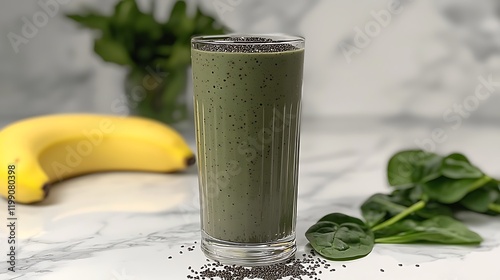 Green smoothie recipe, kitchen, banana, spinach, chia seeds photo