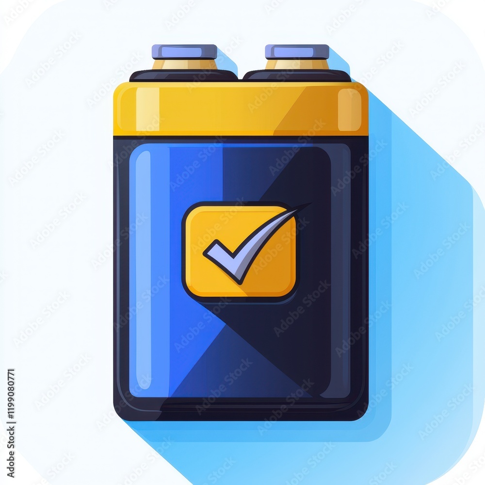 Rechargeable Battery Icon Approved Blue and Yellow Cell Power Source Illustration Rechargeable Battery Icon Approved Blue and Yellow Cell Power Source Illustration