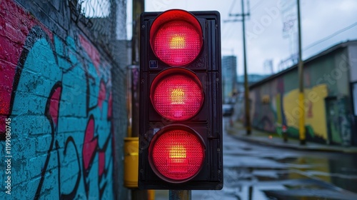Red Stoplight in Urban Alleyway: A Moody Urban Scene