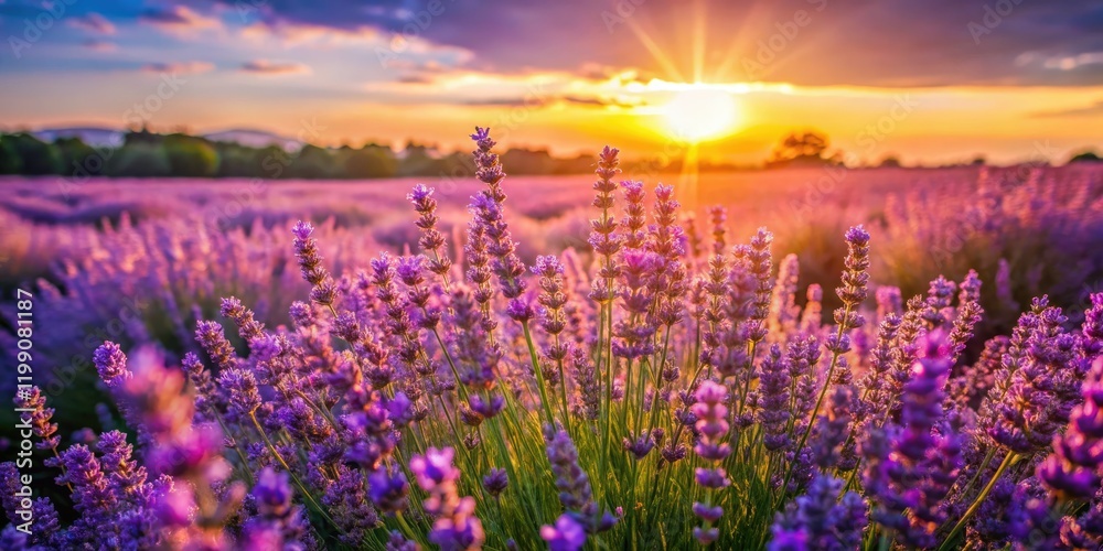 Fototapeta premium Bathed in sunlight, lavender fields stretch to the horizonâ€”a breathtaking banner image.