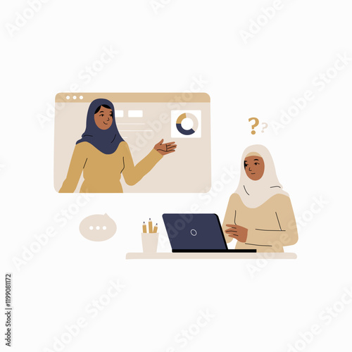 Online education platform with two female students in flat vector illustration symbolizing e learning and virtual education, isolated on white background.