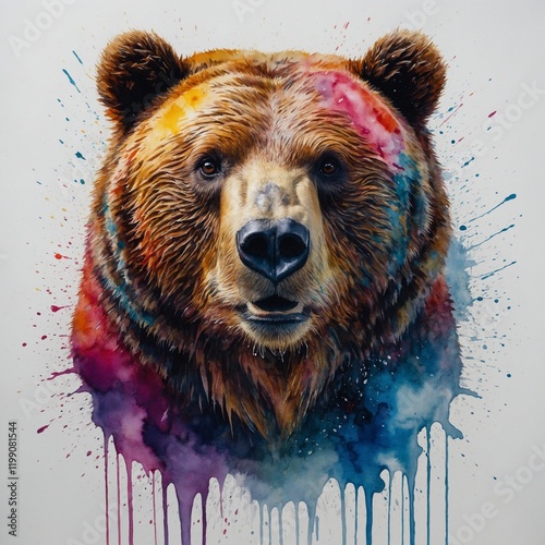 A watercolor-styled bear with splashes of vibrant colors on a white canvas backdrop.