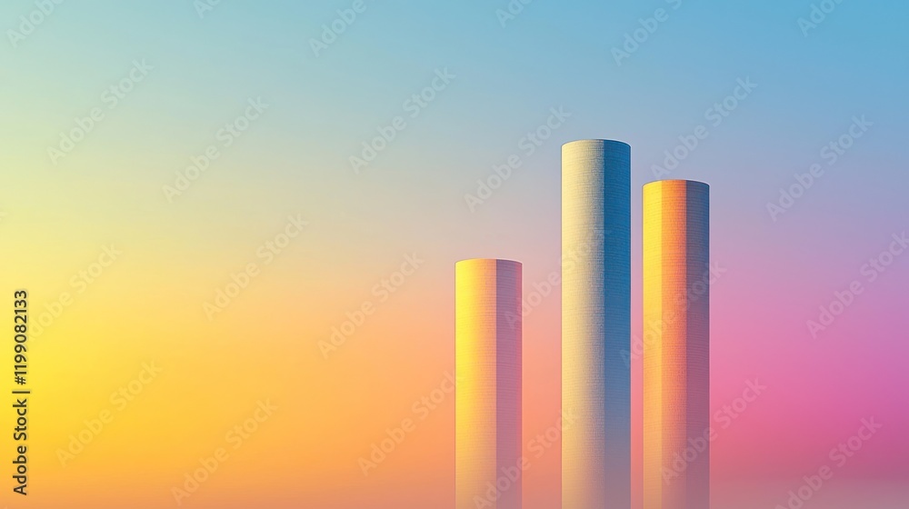 Three tall cylindrical structures against a colorful gradient sky. Three tall cylindrical structures against a colorful gradient sky.
