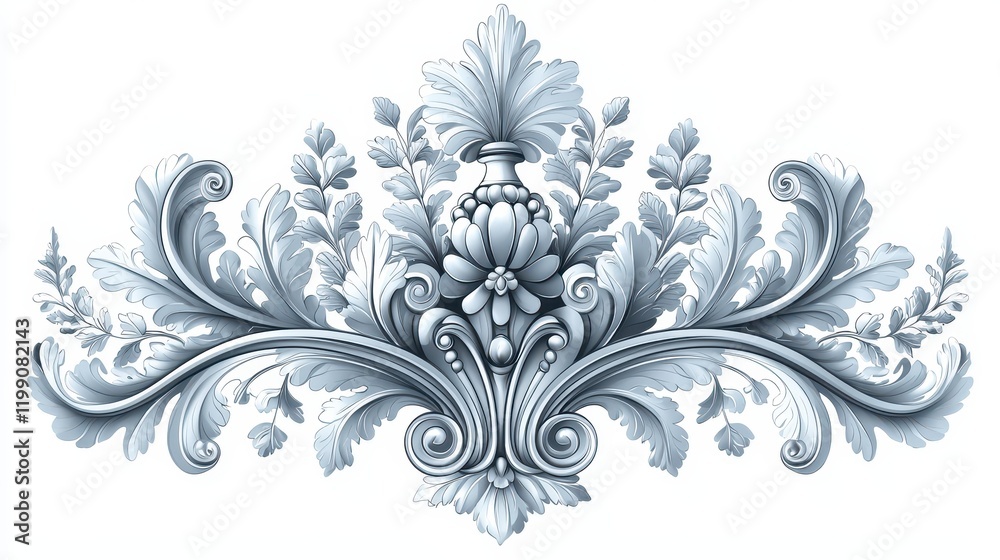 Elegant silver 3D ornate floral design element.