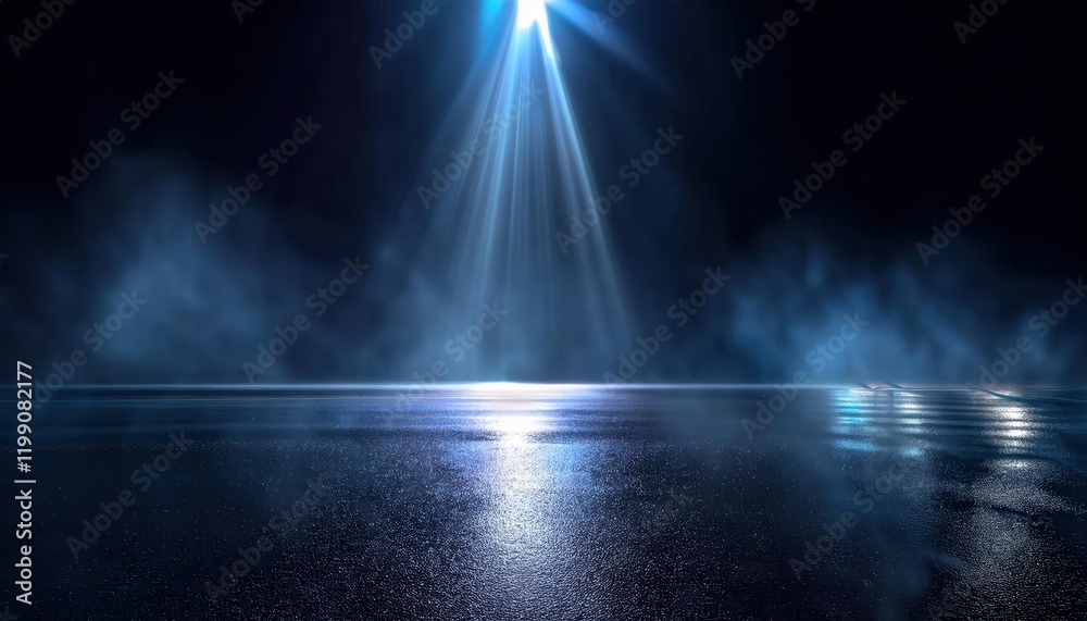 Fototapeta premium mystical blue spotlight illuminating foggy reflections on wet surface in dark atmospheric setting, ideal for dramatic designs