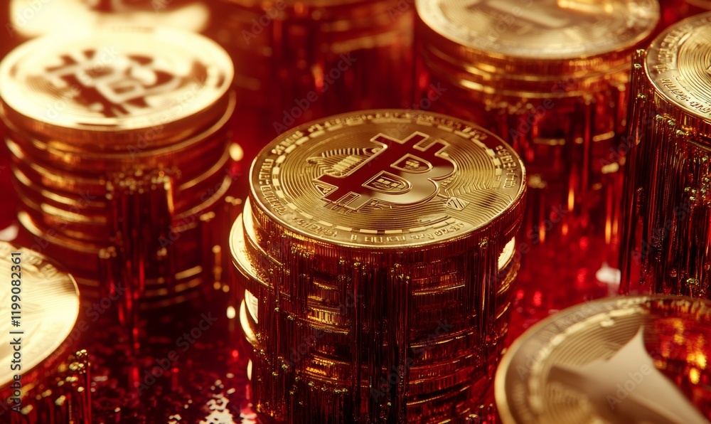 Fototapeta premium Golden bitcoins stacked with red liquid and graphs, symbolizing value