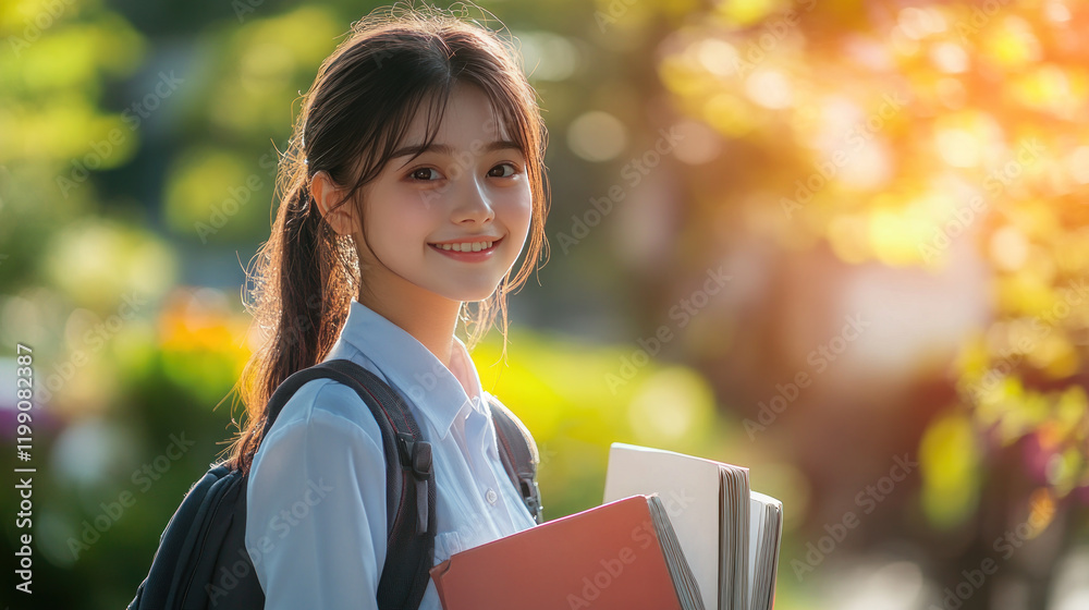 Japanese teenage student girl holding textbook go to school library Japanese teenage student girl holding textbook go to school library