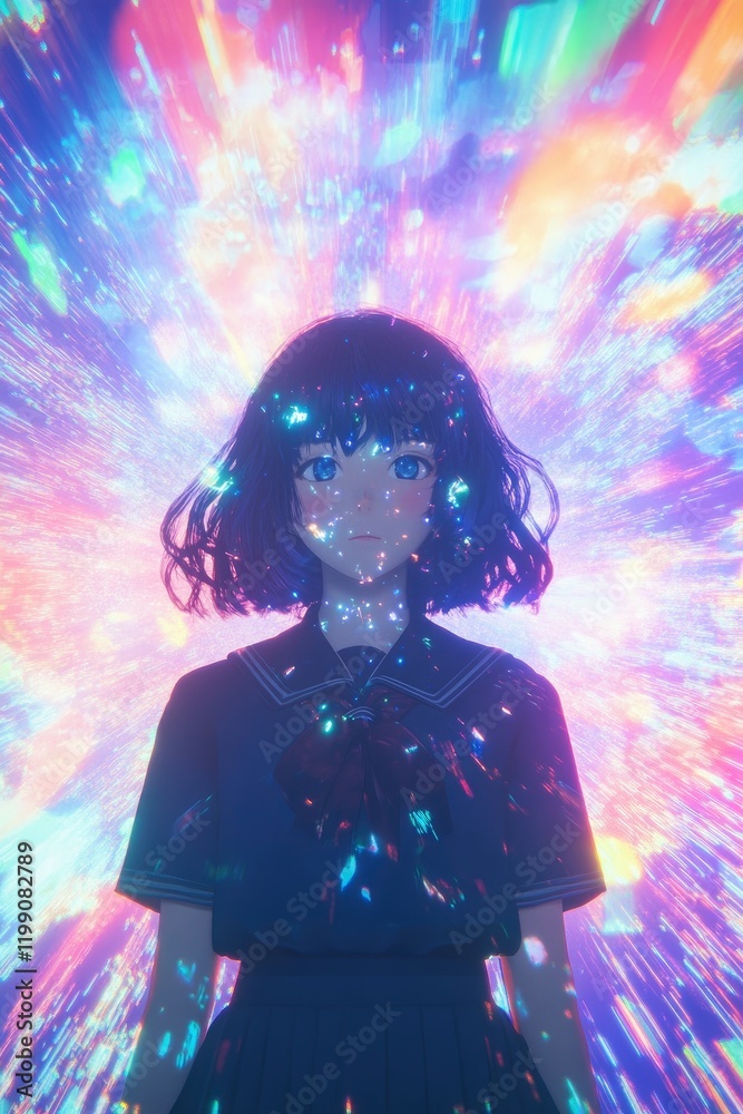 Fototapeta premium A girl with short purple hair and blue eyes, wearing a school uniform, stands in the center of a background with colorful rays and a glitch.