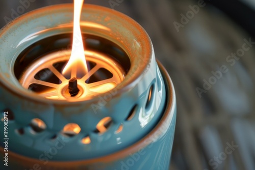 Burning citronella candle emitting flame in a turquoise ceramic candle holder