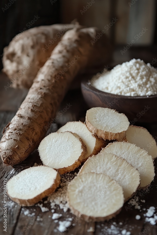 Cassava tubers and flour displayed side by side on a rustic kitchen table, showcasing the traditional transformation of the root into a versatile culinary ingredient. Cassava tubers and flour displayed side by side on a rustic kitchen table, showcasing the traditional transformation of the root into a versatile culinary ingredient.