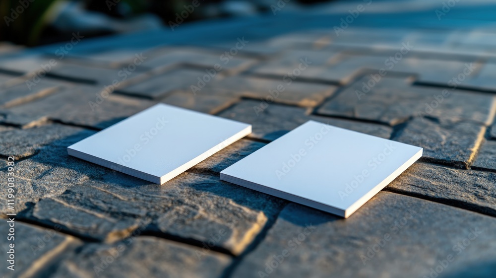 Two Blank White Cards on Stone Pavement Mockup Two Blank White Cards on Stone Pavement Mockup