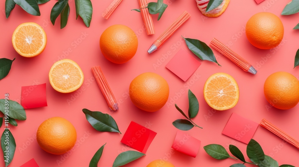A creative flat lay of symbolic Chinese New Year items like oranges, red envelopes, and firecrackers,