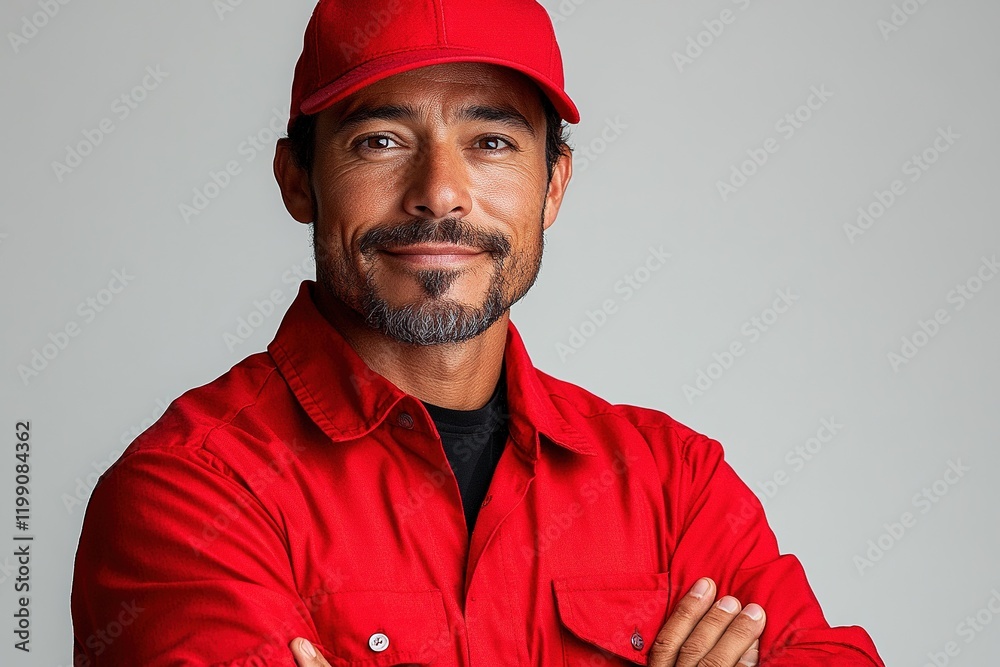 A confident man in a red cap and shirt poses with crossed arms, exuding a friendly demeanor. A confident man in a red cap and shirt poses with crossed arms, exuding a friendly demeanor.