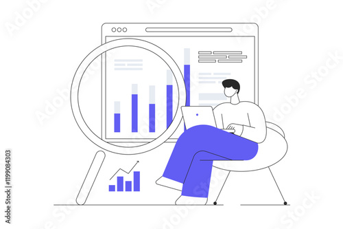 Strategic planning concept. Man analyzes business processes, creates new solutions and success develops startup. Flat Cartoon Vector Illustration, icon. Stylish abstract Modern