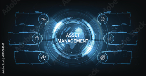 Asset management concept. Business investment asset management technology concept on dark blue background.	