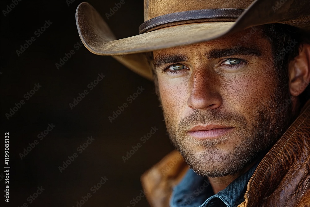 A close-up portrait of a rugged man wearing a cowboy hat and leather jacket, exuding confidence. A close-up portrait of a rugged man wearing a cowboy hat and leather jacket, exuding confidence.