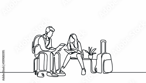 Vector Simple one line drawing of  male and female tourists 