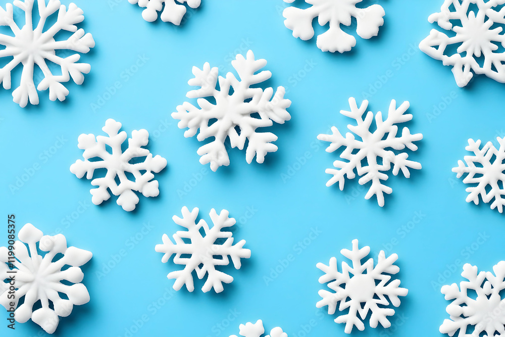 Festive white snowflake decorations on a bright blue background, perfect for winter holidays or seasonal designs. Festive white snowflake decorations on a bright blue background, perfect for winter holidays or seasonal designs.