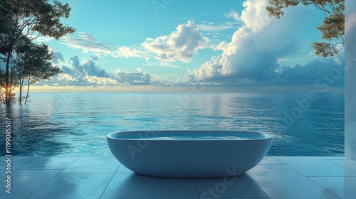 Luxury outdoor bathtub overlooking serene endless ocean. Generative AI photo