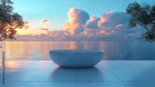 Minimalist Outdoor Bathtub with Ocean View. Generative AI photo