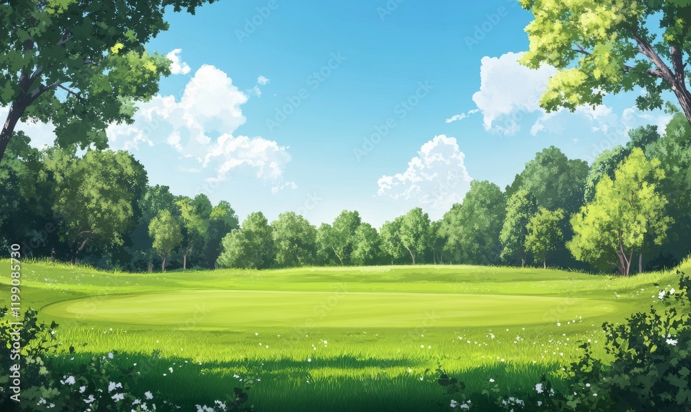 Obraz premium green grass and woods on a golf field, gold course panorama view background banner