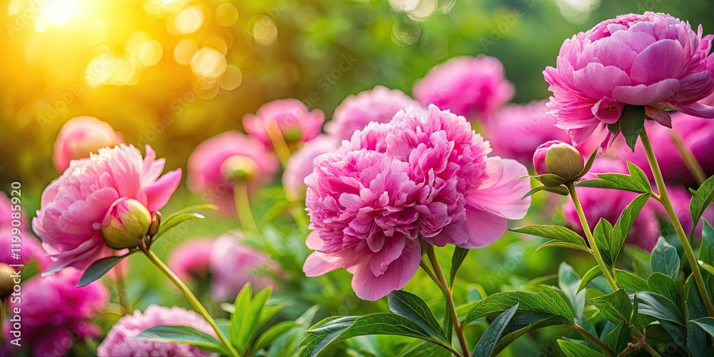 Fototapeta premium Delicate pink peony blossoms burst in a spring macro shot, soft bokeh blurring the garden background.