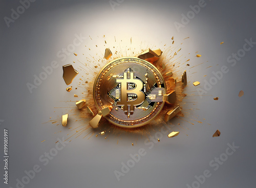 A gold bitcoin coin explodes into fragments,  symbolizing cryptocurrency volatility and market disruption.  The image showcases the dramatic shattering of the coin against a neutral background.