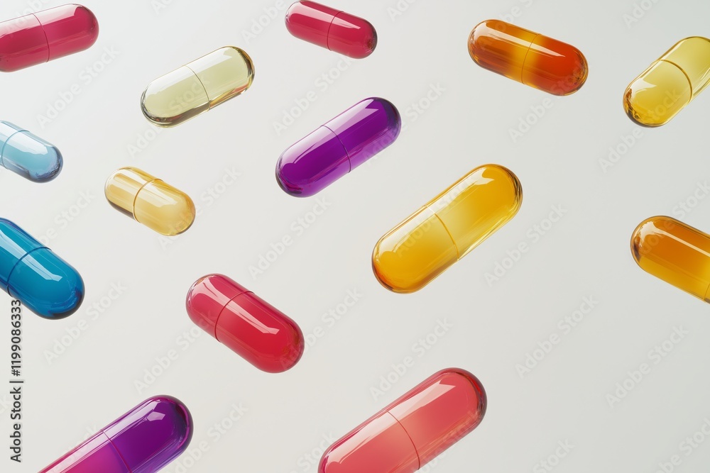 Colorful capsules floating in the air create a dynamic visual effect Colorful capsules floating in the air create a dynamic visual effect
