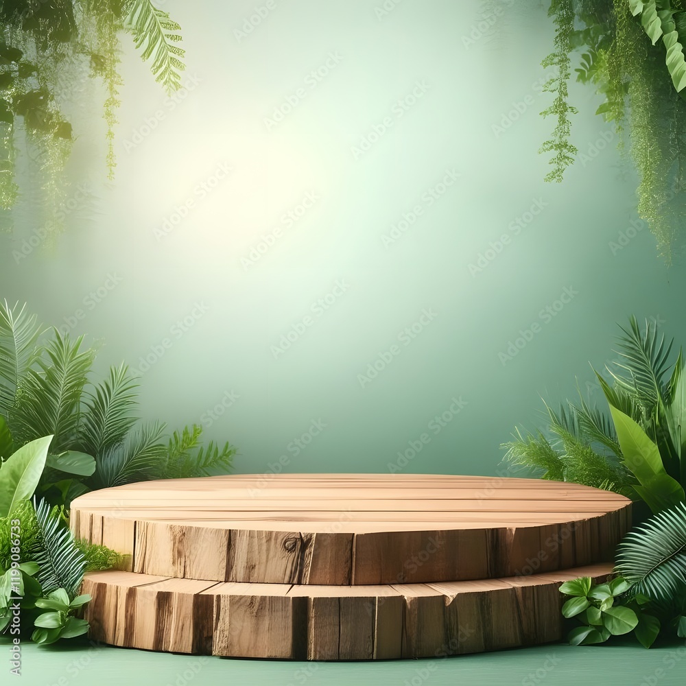 Natural Wood Podium Harmonizing with Lush Greenery in Modern Contrast Natural Wood Podium Harmonizing with Lush Greenery in Modern Contrast