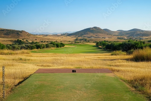 Expansive View of a Golf Course Tee with Scenic Mountains and Lush Green Fairway Under Clear Blue Sky in a Tranquil Natural Landscape photo