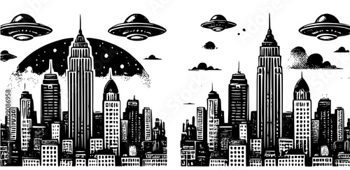 Two vector illustrations of a ufo crafts hovering over a large city