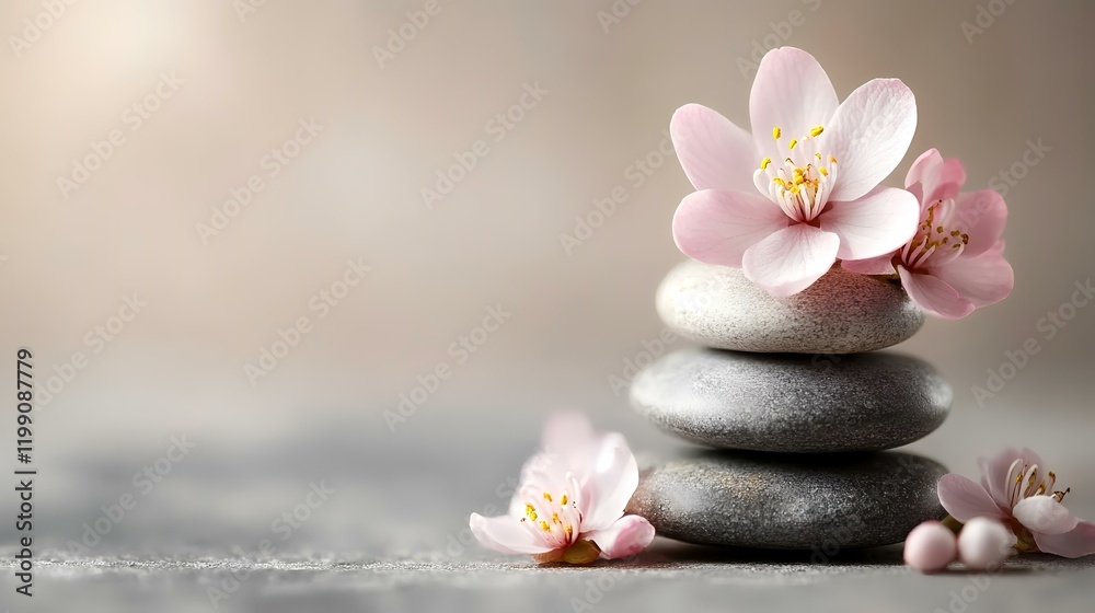 Serene spa stones, pink blossoms, zen garden backdrop; wellness concept Serene spa stones, pink blossoms, zen garden backdrop; wellness concept
