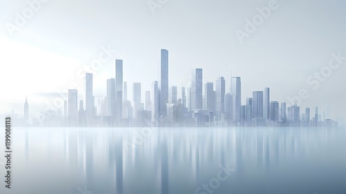 Misty city skyline reflecting on calm water, sunrise