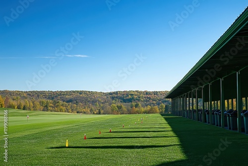 Expansive View of Golf Driving Range Under Clear Blue Sky Surrounded by Lush Green Grass and Autumn-Hued Hills in the Background