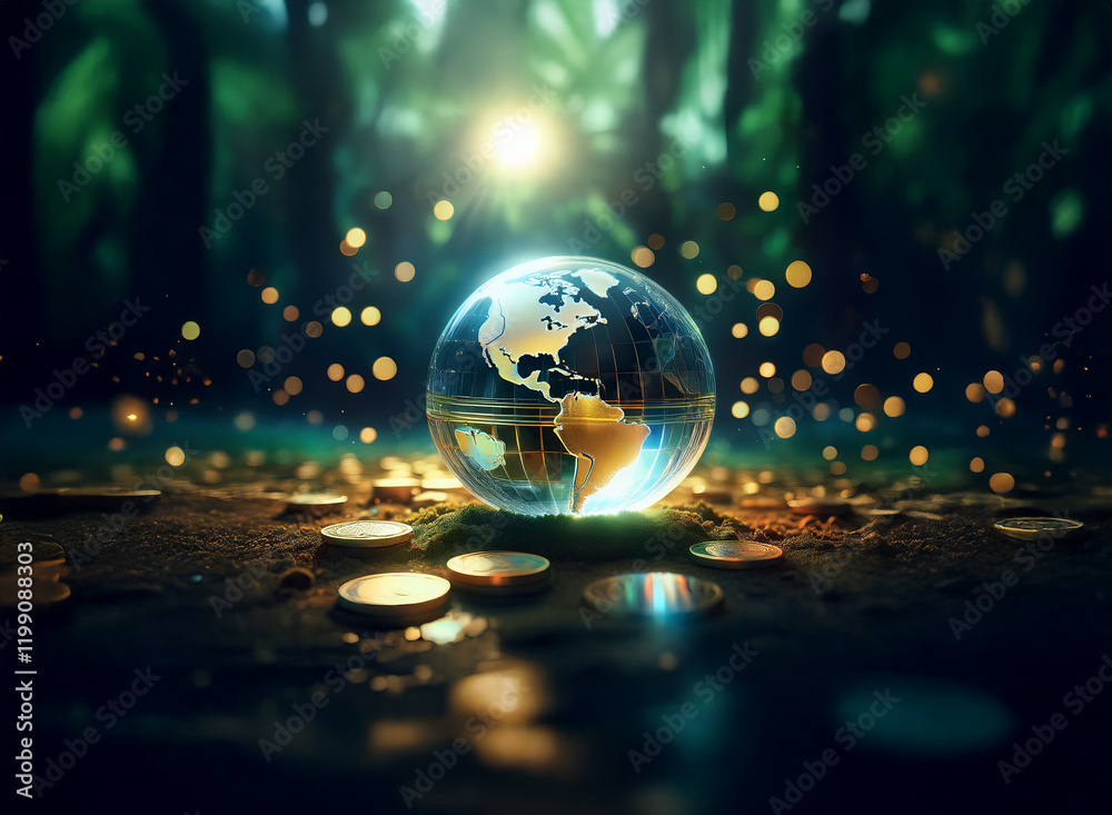 A glass globe rests on coins, nestled in a lush, mystical forest. Golden light emanates, creating a magical, ethereal scene. The image symbolizes environmental responsibility and global wealth. A glass globe rests on coins, nestled in a lush, mystical forest. Golden light emanates, creating a magical, ethereal scene. The image symbolizes environmental responsibility and global wealth.