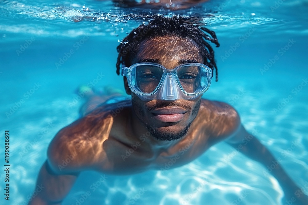 Naklejka premium A person swimming underwater, wearing goggles, with sunlight reflecting on the water's surface.